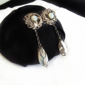 ANTIQUE ART NOUVEAU 800 SILVER, OPAL EARRINGS